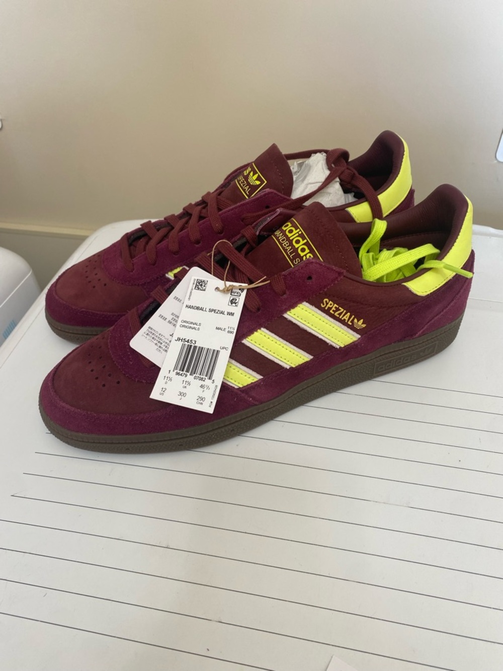 Adidas Handball Spezial Burgundy Suede Sneakers with Neon Yellow Stripes